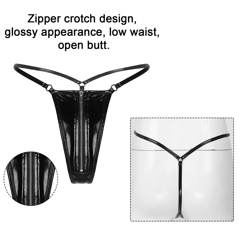 Womens Latex Patent Leather Lingerie Underwear Wetlook Zipper Crotch T-back G-string Thongs Glossy Low Waist Open Butt Briefs