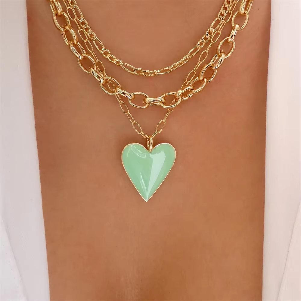 Vintage Gold-plate Punk Multi-level Flower Chain Drop Oil Red Heart Pendant Necklace For Women Girl Fashion Choker Trend Jewelry