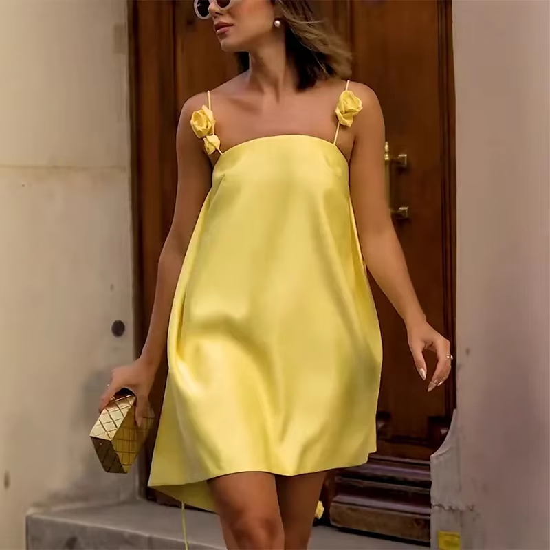 Sexy 3D Floral Mini Dress Women Loose Yellow Satin Backless A-line Party Dresses Female 2025 Summer Vacation Party Vestidos Lady