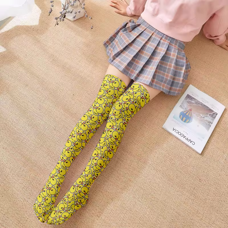 Fashion yellow cartoon duck women's stockings 3d printing Harajuku Lolita JK girl in knee stockings Kawaii sweet stockings