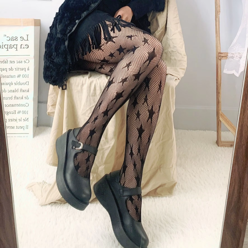 Lolita Dark Black Pantyhose Star Mesh Stockings Female Fishnet Stockings JK Girls Socks Mesh Tights Lingerie Thigh High JK Socks