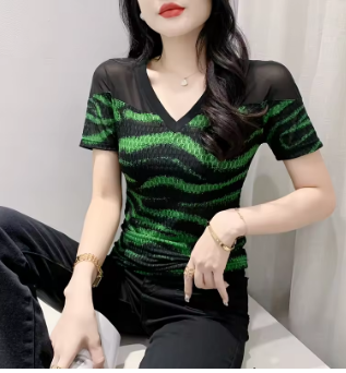 MadBlack Summer European Clothes Tshirts Female Sexy V Necks Mesh Patchwork Print Slim Tops Short Sleeve Tees New 2023 T36211JC