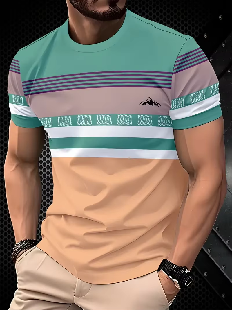 Summer Classic Men's T-shirt Outdoor Round Neck Short Sleeve Top Stripe Print Street Loose T-Shirt Male Oversized Clothing